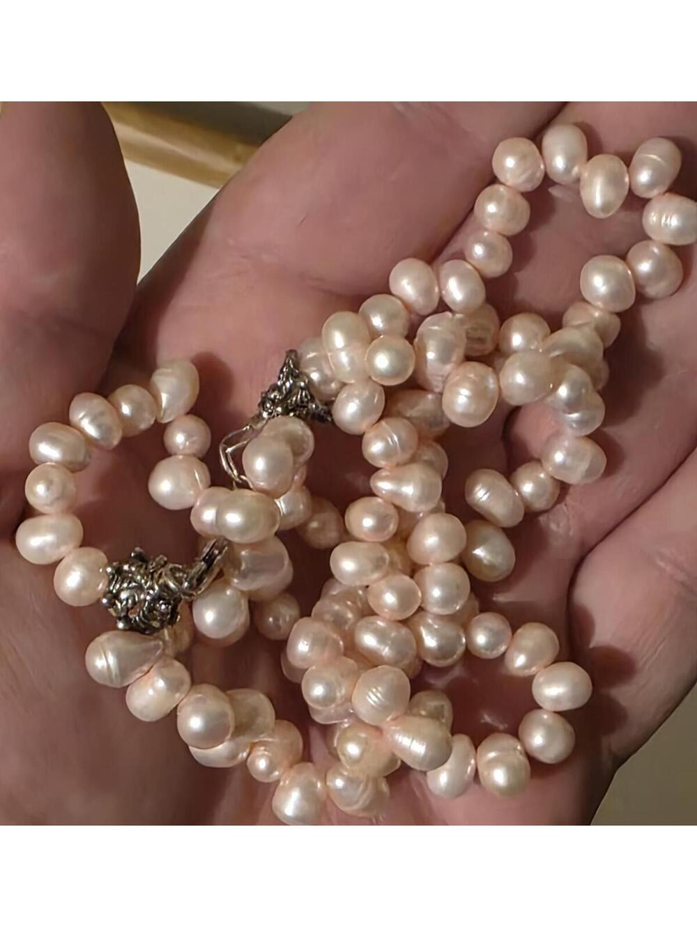 Vtg Genuine Pink Pearl Multi-Strand Bracelet with Sterling Silver Aspects